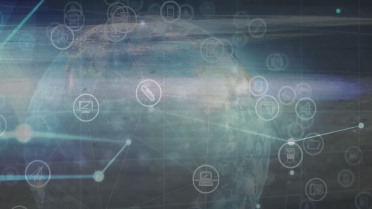 animación de puntos conectados con líneas, números y destello de la lente sobre iconos de todo el mundo