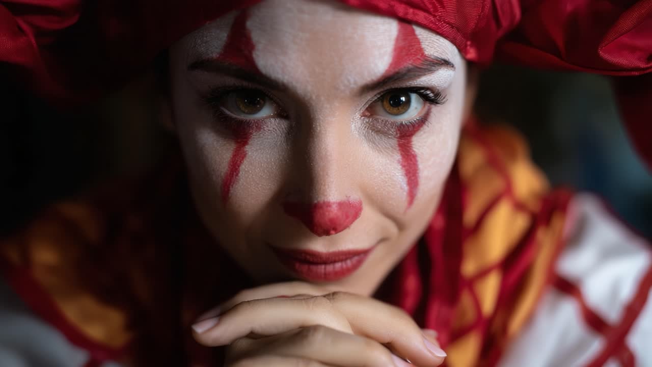 Captivating Portrait of a Clown with Striking Makeup and Intense Eyes Projecting Mystery and Intrigue in a Darkened Environment