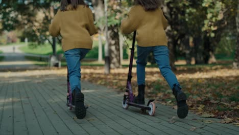 Rear-view-of-caucasian-child-siblings-having-fun-in-the-woods-while-driving-a-push-scooter.