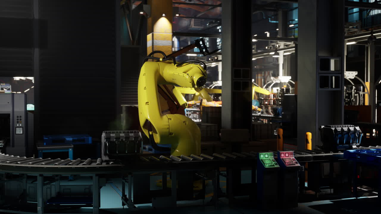 brazo robótico posicionando artículos en una cinta transportadora en un entorno de fábrica moderna