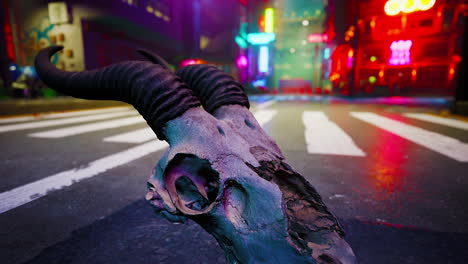 a skull on a neon-lit city street