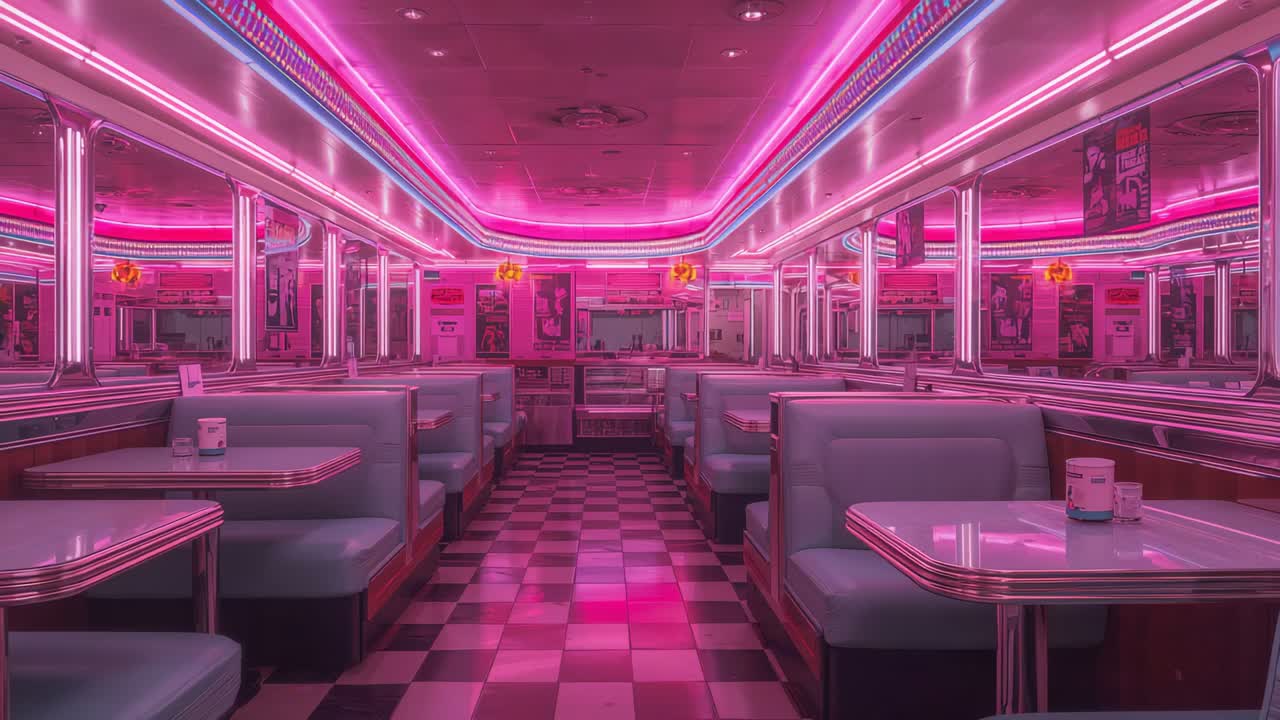 Showing empty diner with neon strips flickering, casting pink glow on tile floor and teal booths