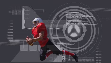Animation-of-american-football-player-over-processing-circles-and-diverse-data-on-grey-background