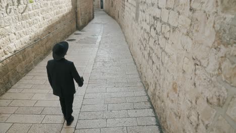 a lone figure in traditional attire walks down a narrow stone alley, surrounded by towering ancient walls