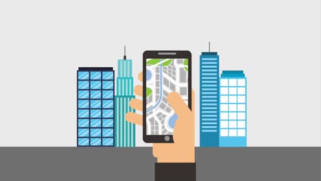 mano con navegación gps móvil en la ciudad