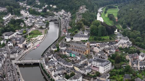 aerial drone view over bouillon, belgium