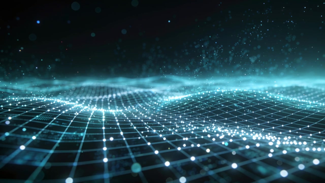 Animating teal wireframe grid pulsing nodes and particles at low-angle view, creating data art