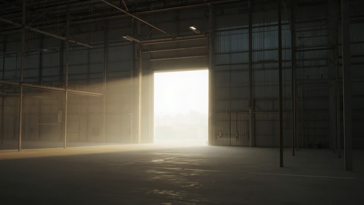 Showing large open doorway casting shifting sunbeams across hangar floor, dust particles