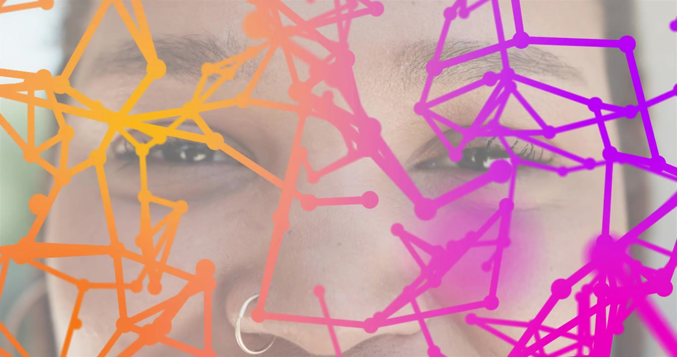 Mulher abrindo os olhos enquanto rede forma nós ao redor do piercing no nariz, visualizando dados de tecnologia.