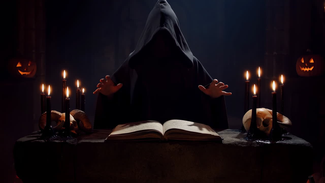 Sosok Berjubah Misterius Merapal Mantra di Atas Kitab Kuno