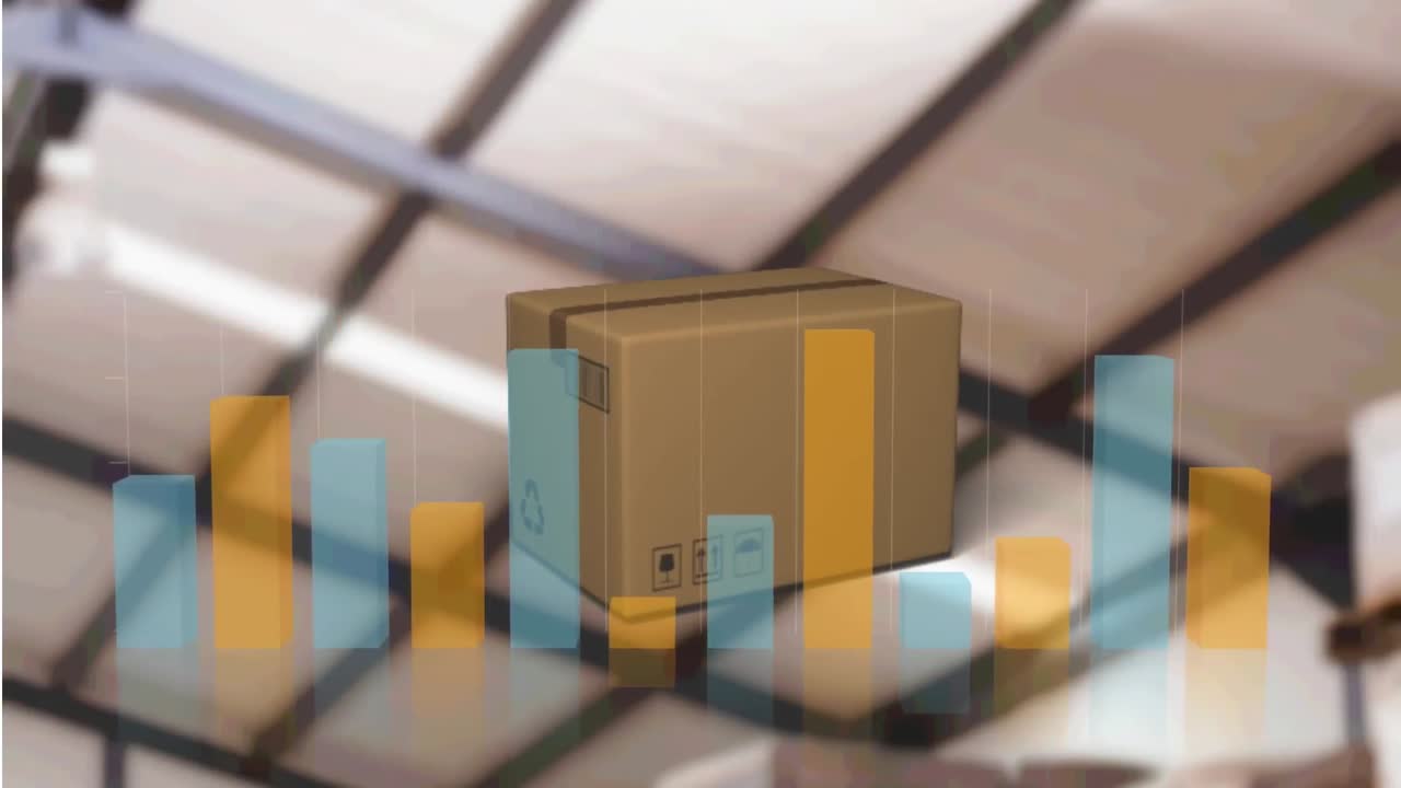 procesamiento de datos estadísticos y icono de caja contra el almacén en segundo plano