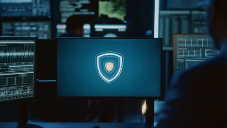 cybersecurity professional monitoring data in a dark control room