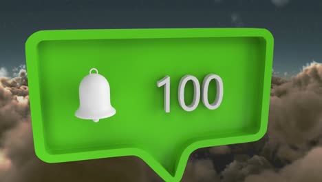 animación del icono de alerta con números en la burbuja de habla sobre el cielo y las nubes
