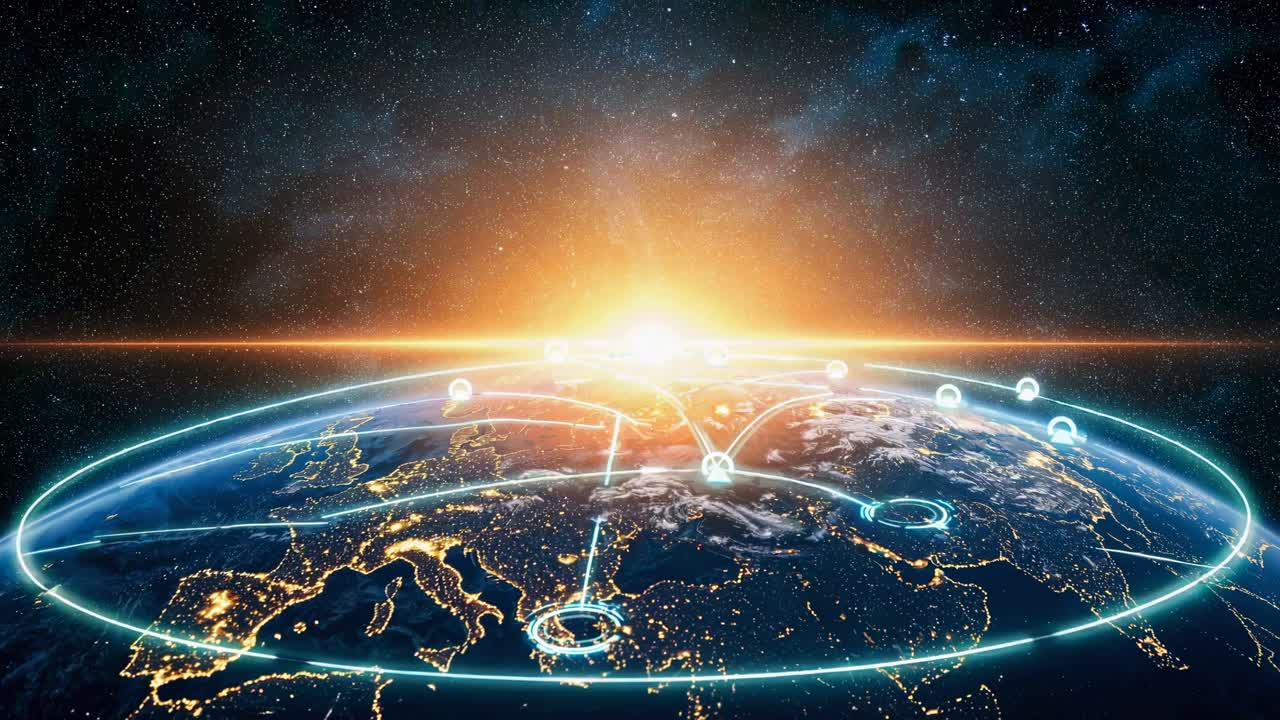 A futuristic video showcasing global connectivity with glowing lines over Earth, emphasizing digital