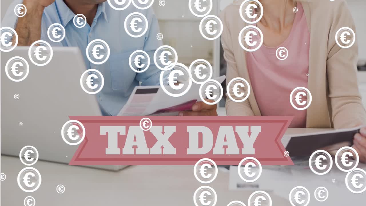 Animation of euro symbols over tax day text and diverse business people doing paperwork