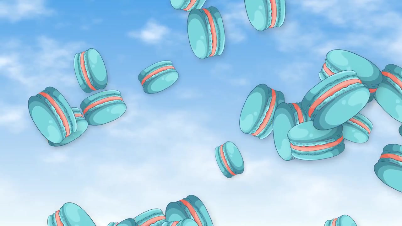 Stylized blue macarons fall and tumble through a bright blue sky with soft clouds.