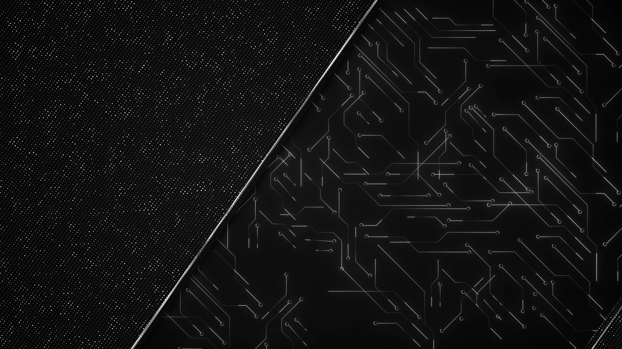 Black circuit pattern technology diagonal split design dotted texture thin silver traces dark modern