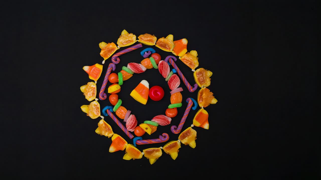 Camera capturing mandala staying static in studio on black, showing candy corn and gumdrops