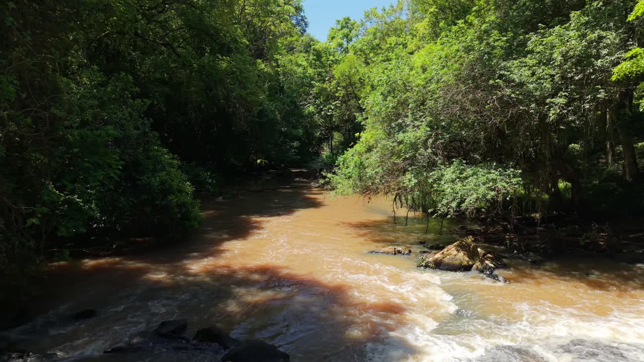 Low-angle glide reveals a fast-moving, reddish-brown water stream flowing over rocks, flanked by the dense, vibrant green foliage of the Misiones Atlantic Forest