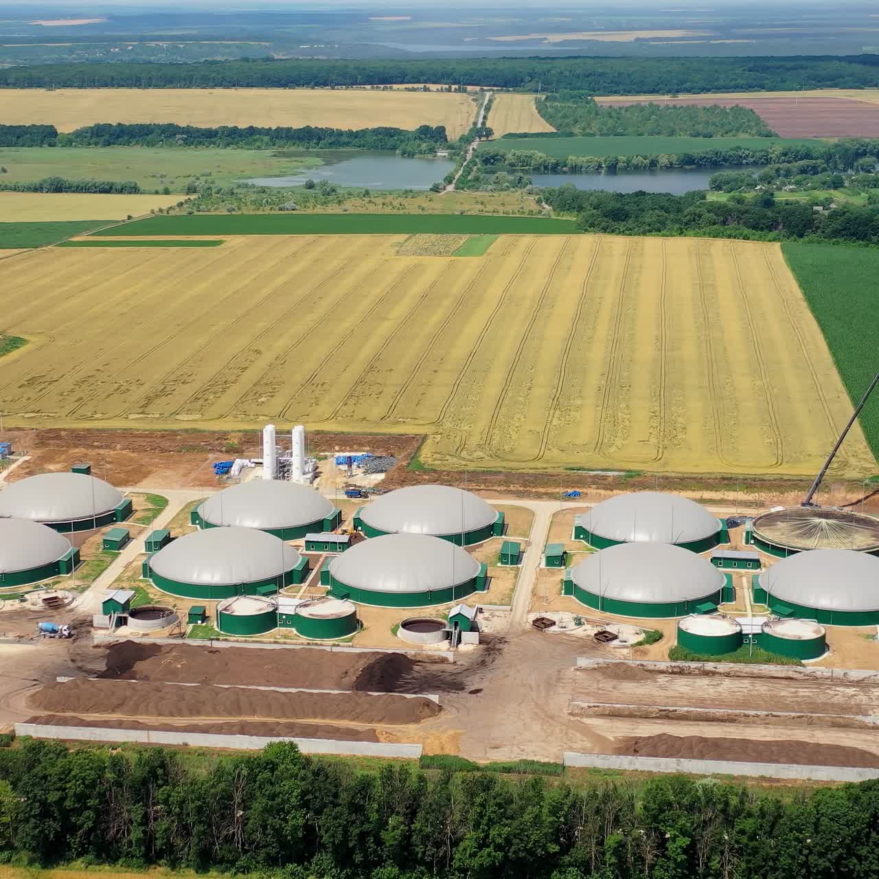 Aerial view of gas production stations. Industrial fuel making factory
