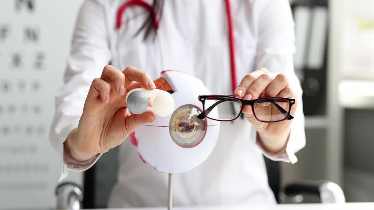 Doctor ophthalmologist holding container with contact lenses and glasses in front of artificial