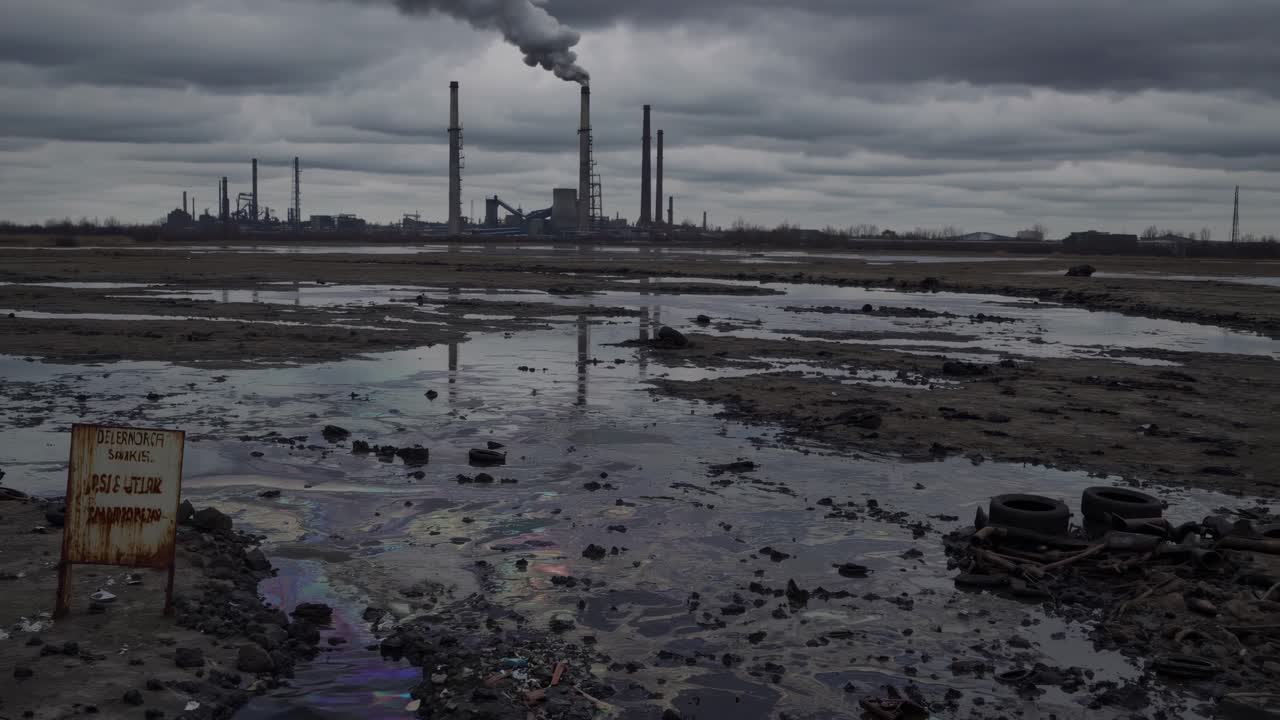 Industrial landscape showcases gradual transition of polluted water and smoke-filled sky, highlighting environmental impact and industrial activity in a desolate area