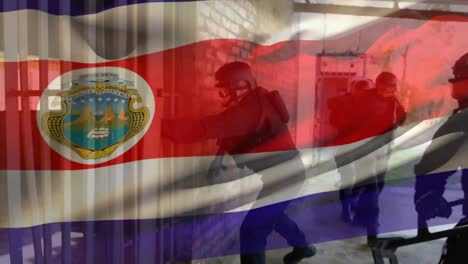 animation of flag of costa rica over diverse male counter terrorists with weapon