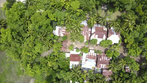 aerial top view over rusty tin roof of rural village surrounded by green trees in bangladesh-1