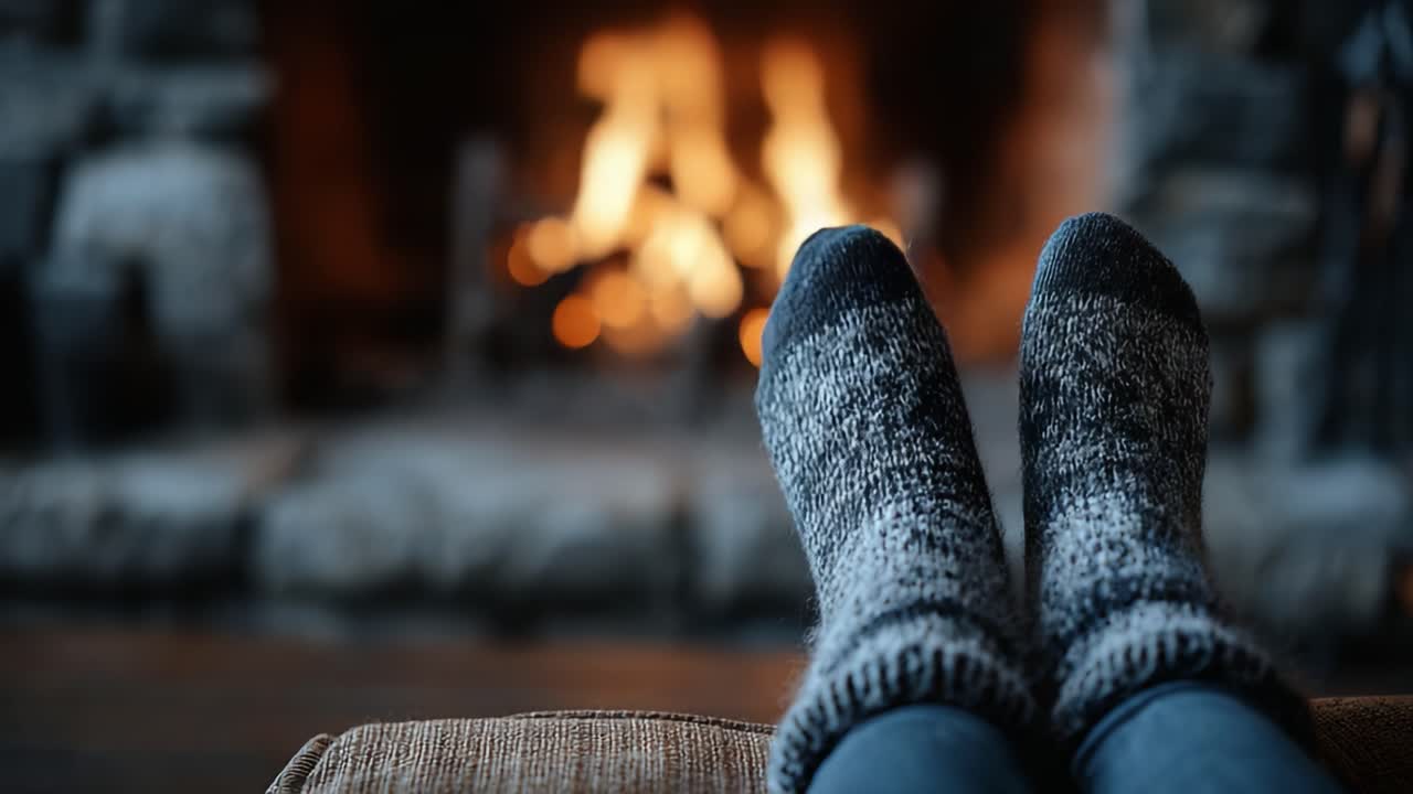 Cozy Winter Evening by the Fireplace: Relaxing Atmosphere with Warm Socks and a Gentle Blaze Providing Comfort and Warmth in a Home Setting