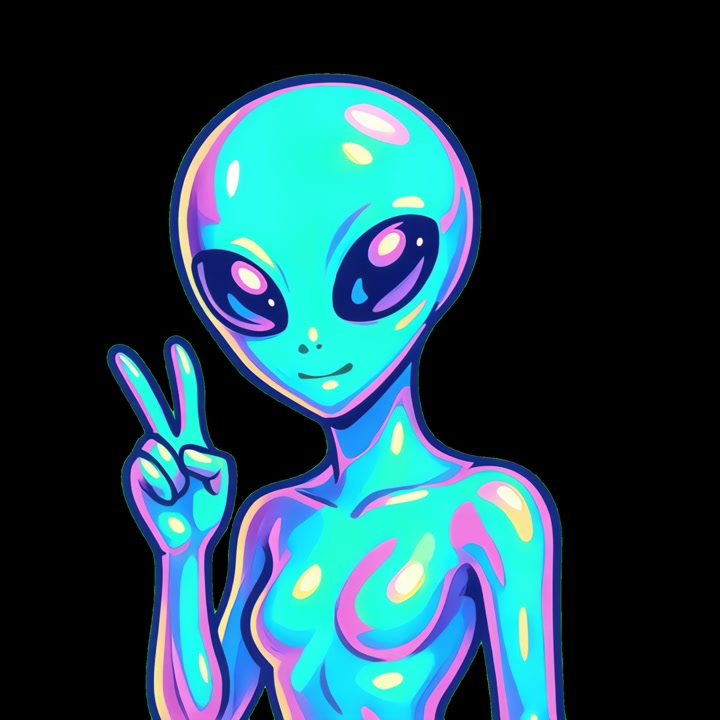 Animated Holographic Alien Character Making a Peace Sign