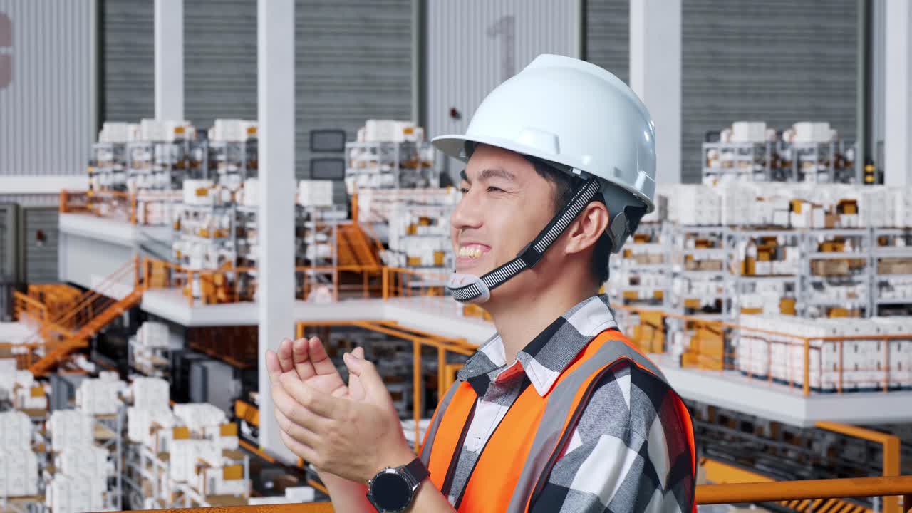 배달 물품으로 가득 찬 선반을 가진 창고에 서있는 안전 헬을 입은 아시아 남성 엔지니어의 가까운 측면 뷰.
