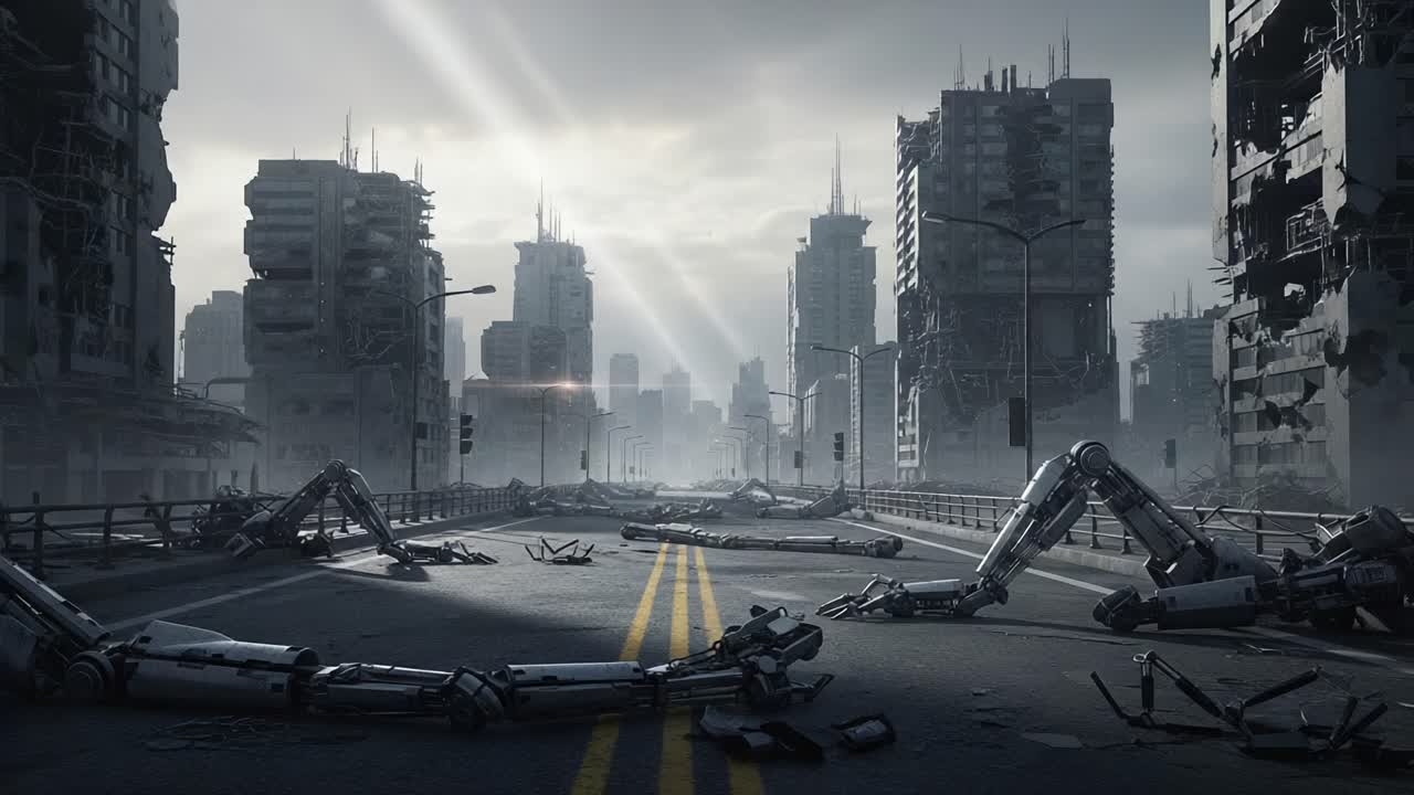 An eerie, post-apocalyptic landscape featuring abandoned skyscrapers, deserted streets, and lifeless robotic limbs scattered across the ground, illuminated by penetrating rays of light