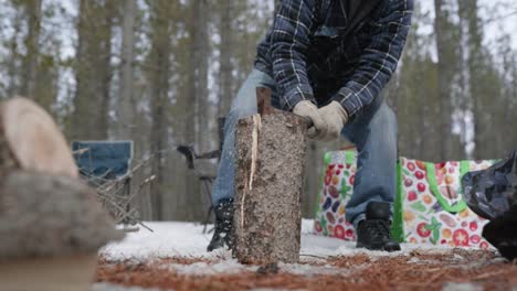 Man chopping log in a forest with snow on the ground