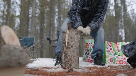 man chopping log in a forest with snow on the ground