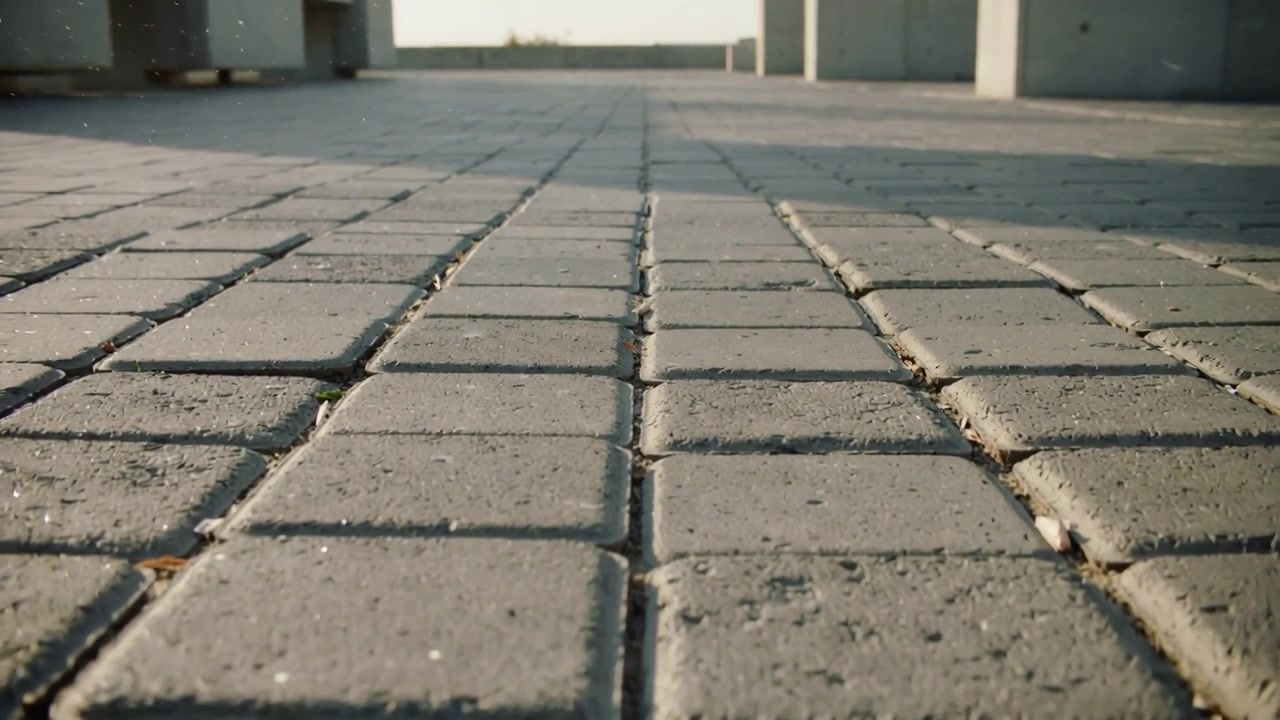 Panning camera moving forward across plaza pavers, showing grout joints, dirt, leaves, benches