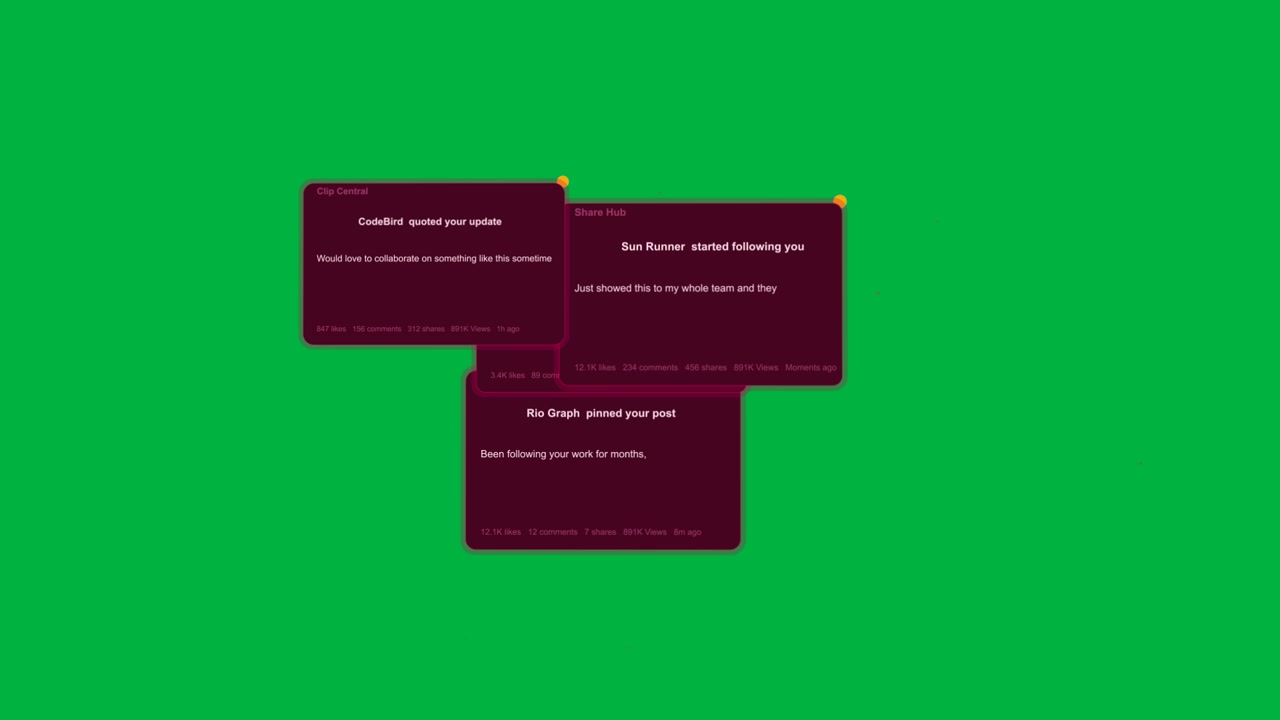 Punti centrali che generano scintille, schede magenta che si impilano, scorrono, svaniscono, mostrando un feed social su UI trasparente.
