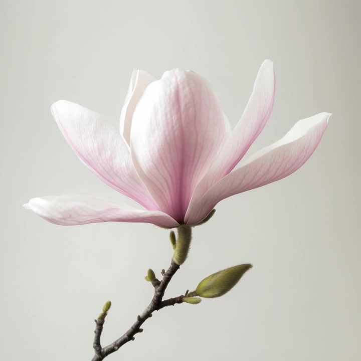 Delicate Pink Magnolia Flower with Bud on a Branch