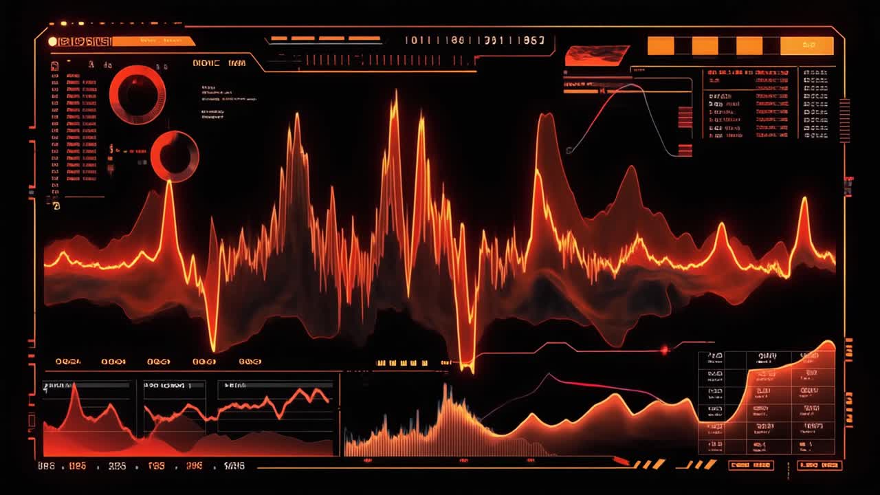 Interfaccia dati digitale futuristica con grafici luminosi e forme d'onda.