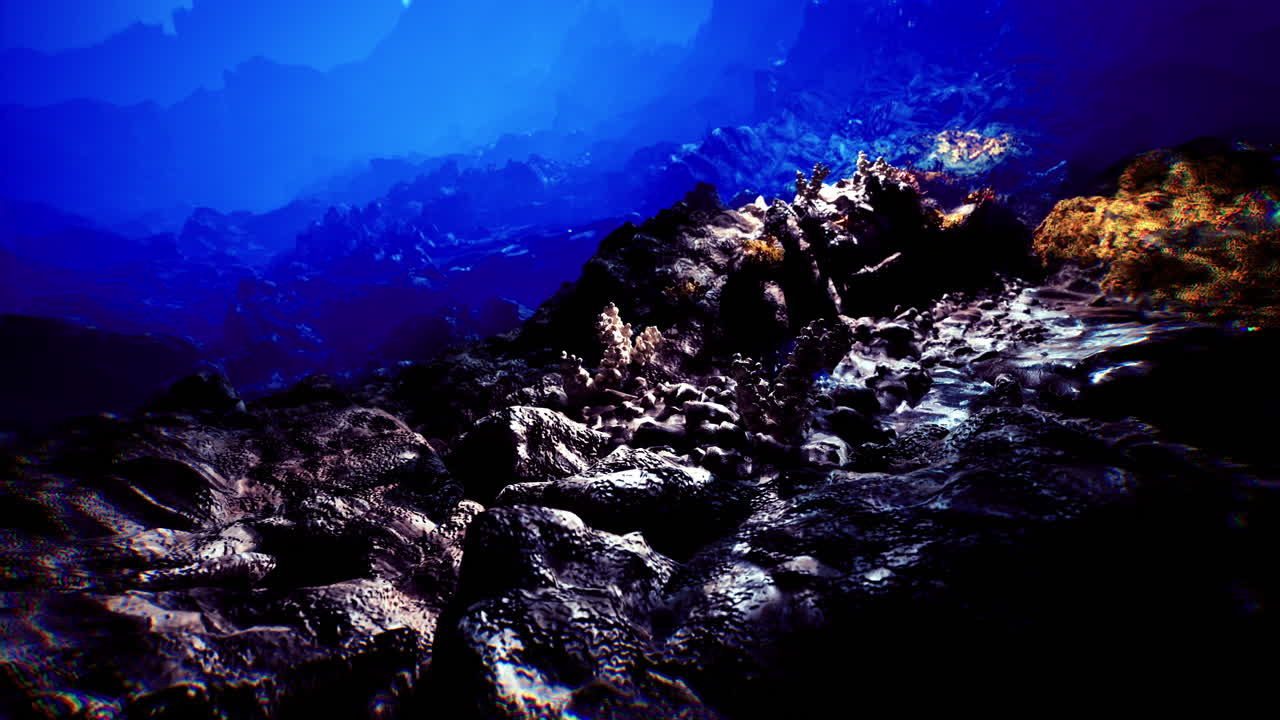 Underwater landscape with rocky formations and vibrant colors