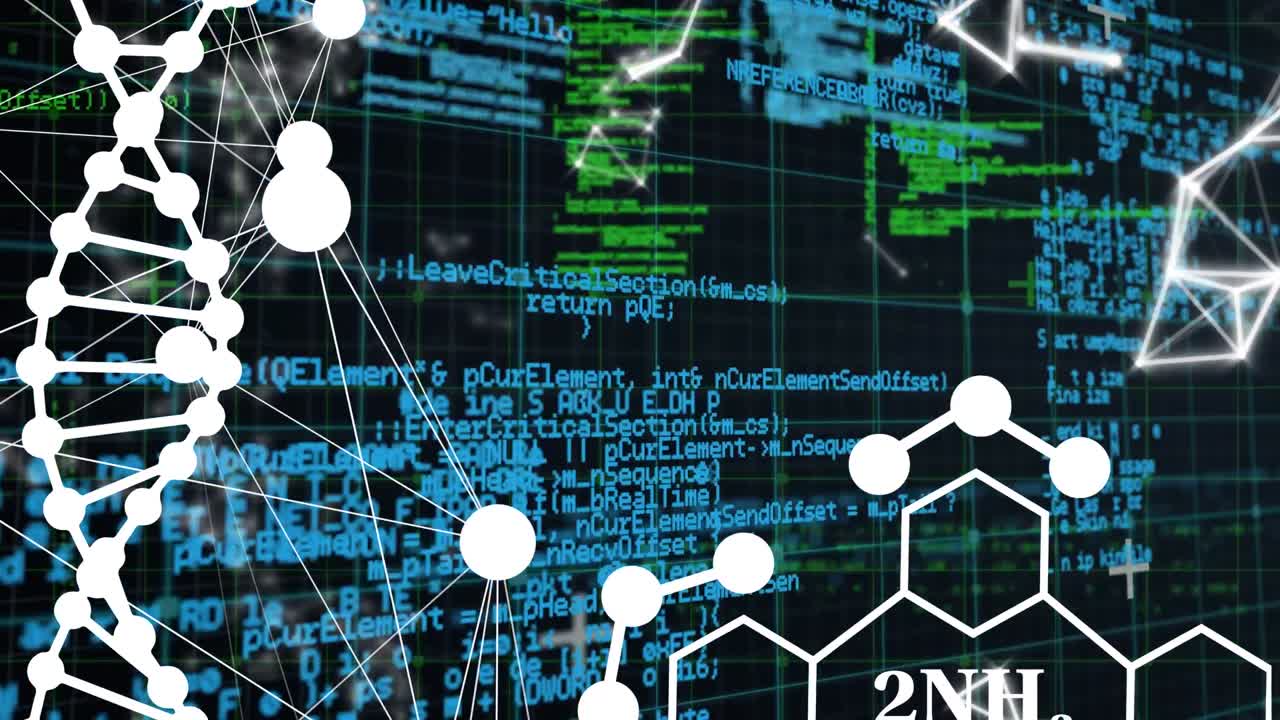 dna 구조, 연결 네트워크 및 검은 바탕에 대한 데이터 처리