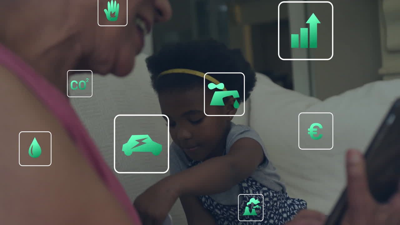Animation of eco icons and data processing over african american woman with girl using smartphone
