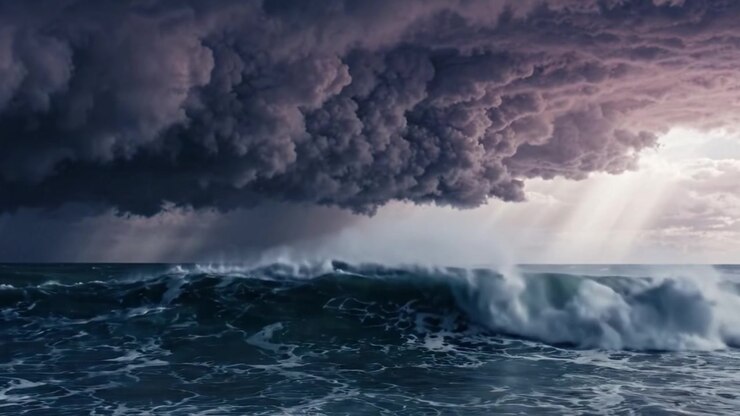 Vagues Océaniques Dramatiques Sous des Nuages d'Orage Sombres avec des Rayons de Lumière Traversant le Ciel Turbulent Entourant la Mer