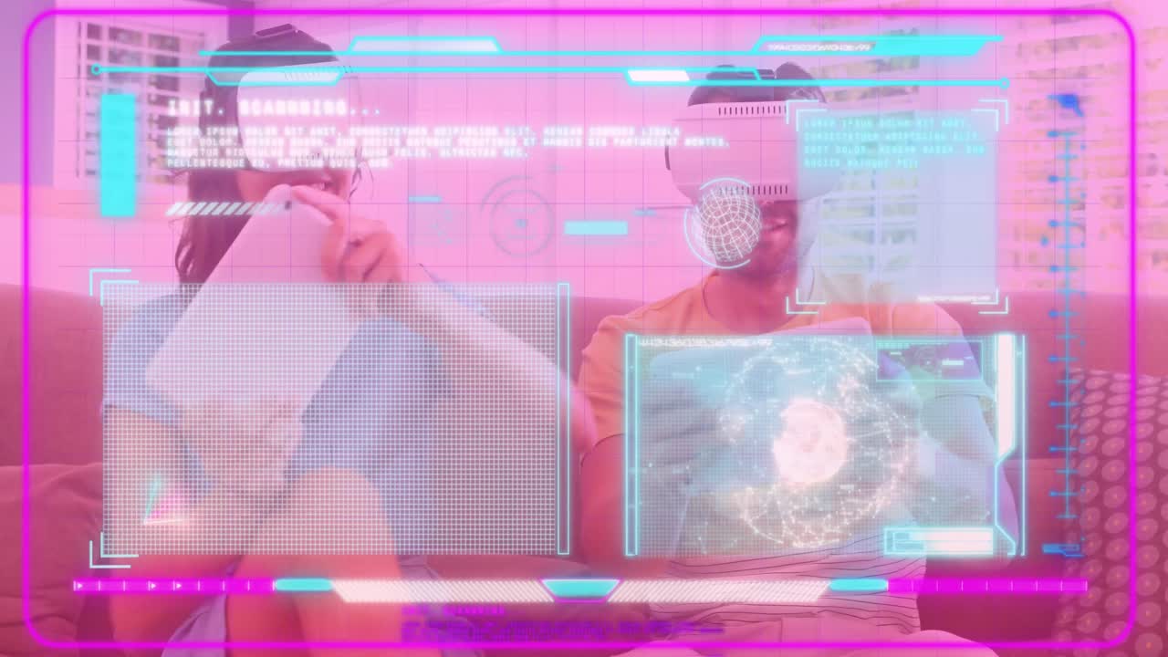 vr 헤드 ⁇ 을 가진 백인 커플에 대한 데이터 처리 애니메이션