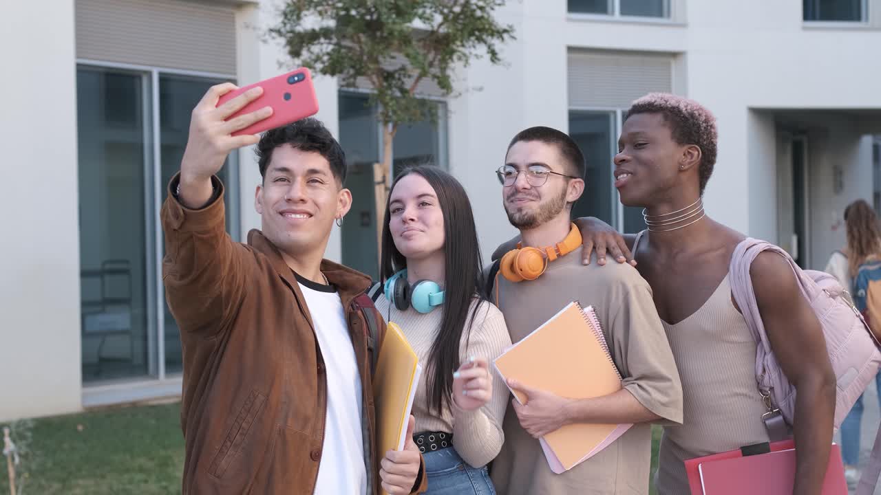 Diverse students taking selfie together