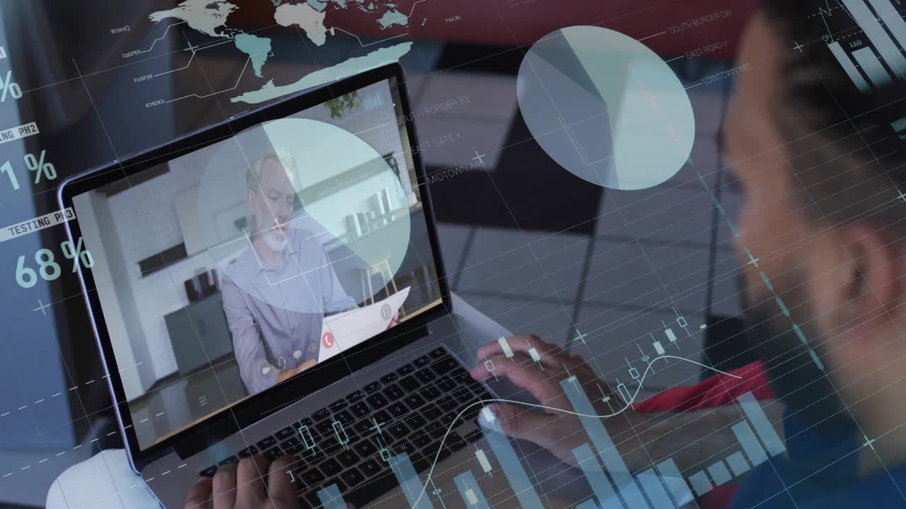 Person using laptop for video call with financial data animation overlay