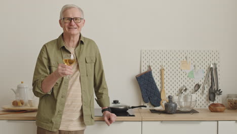 medium pov of cheerful senior caucasian man wearing glasses, standing leaning on kitchen counter, talking, raising white wine glass and looking on camera