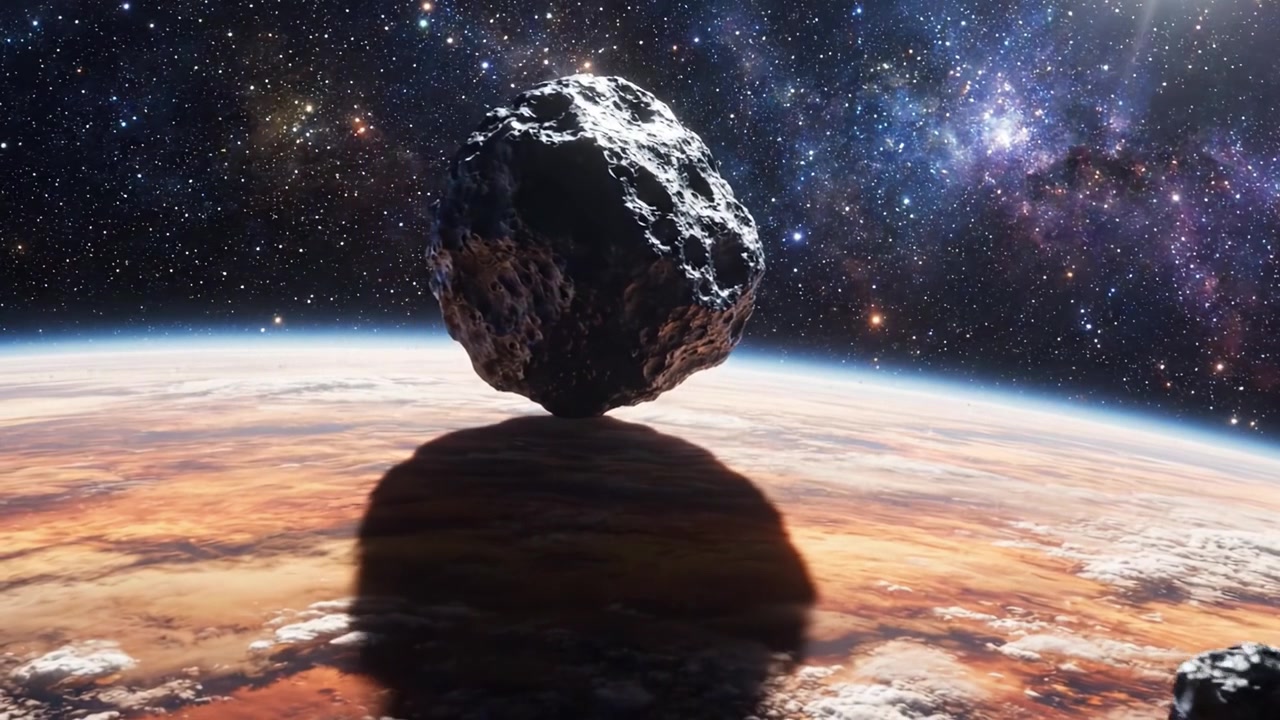 Esplorando le profondità dello spazio: Immagini affascinanti di un asteroide che passa vicino a un pianeta, circondato da uno sfondo cosmico mozzafiato di stelle e galassie.