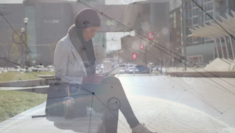 using tablet with digital network animation, woman in hijab focusing in school