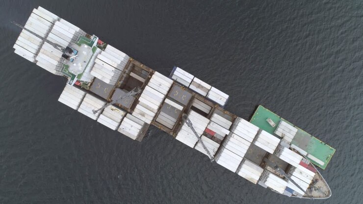 Overhead shot of cargo ship with containers