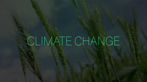 neon green climate change_ text hovering over softly focused wheat stalks with digital scan-lines